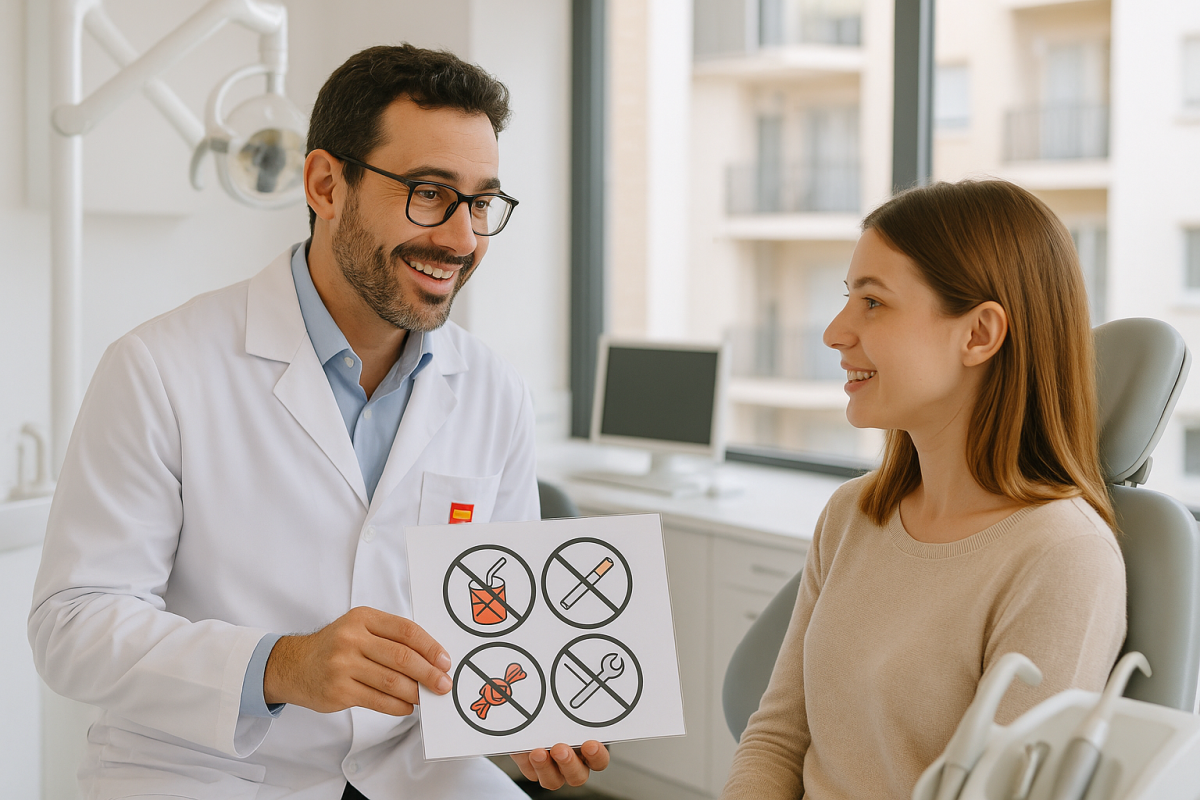 Dentista explicando hábitos que dañan los dientes a una paciente en consulta