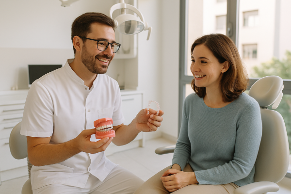 Dentista explicando ortodoncia invisible y brackets a un paciente en Burjassot