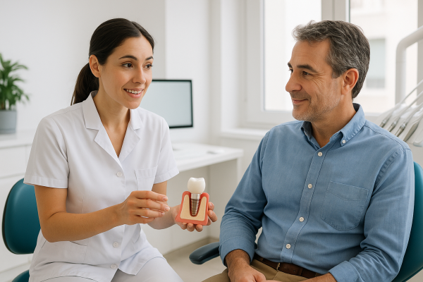 Dentista explicando preguntas frecuentes sobre implantes dentales a una paciente