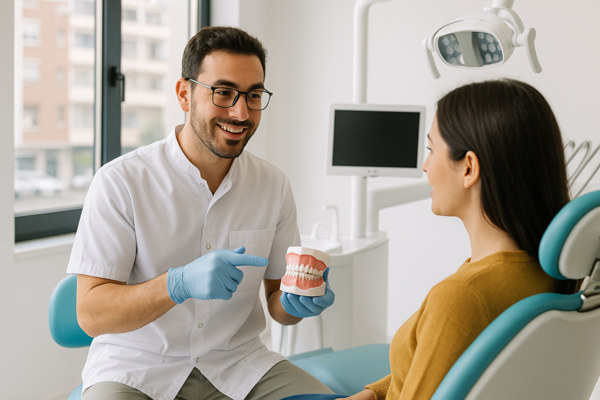 Dentista explicando la periodontitis a una paciente en una clínica dental de Burjassot