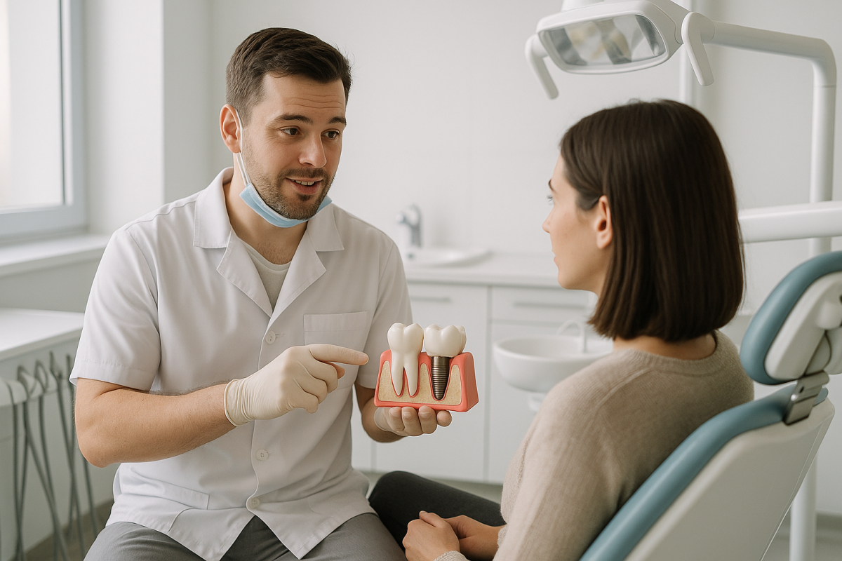 Dentista explicando cómo cuidar unos implantes dentales a un paciente