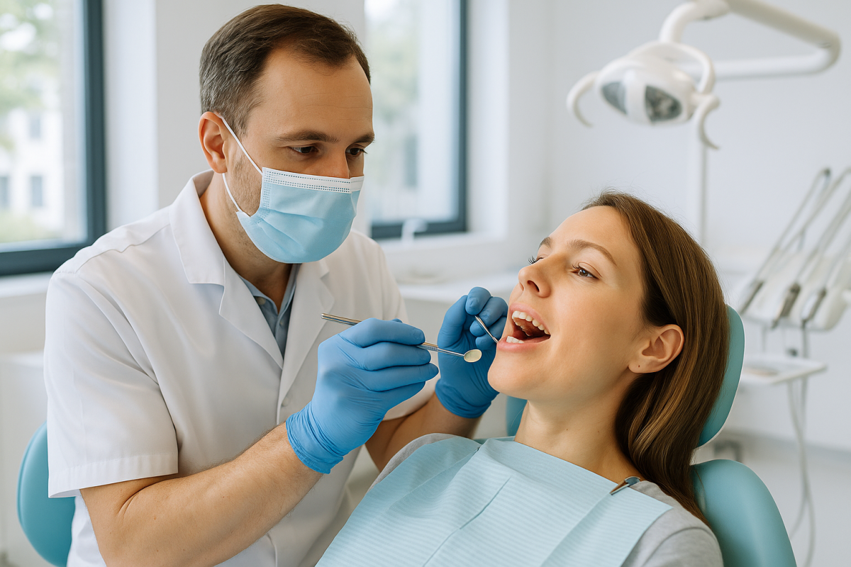 Dentista revisando las encías de un paciente en una clínica dental en Burjassot