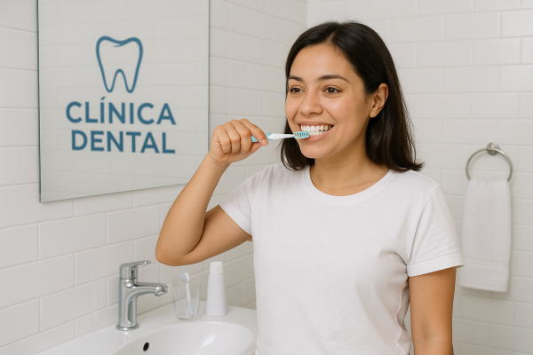 Persona cepillándose los dientes correctamente en casa
