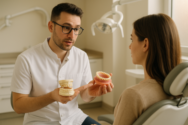 Dentista explicando prótesis dentales fijas y removibles a un paciente