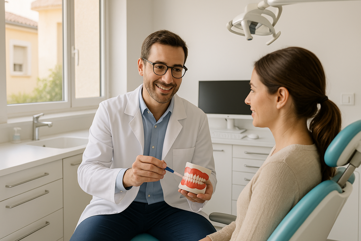 Dentista explicando tratamientos para encías inflamadas a un paciente en clínica dental