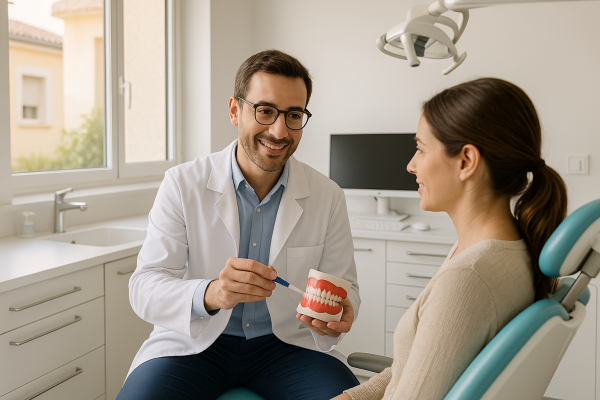 Dentista explicando tratamientos para encías inflamadas a un paciente en clínica dental