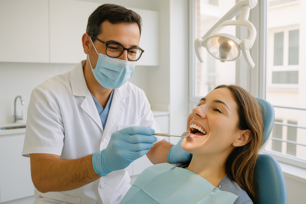 Dentista revisando la boca de un paciente en una clínica dental en Burjassot