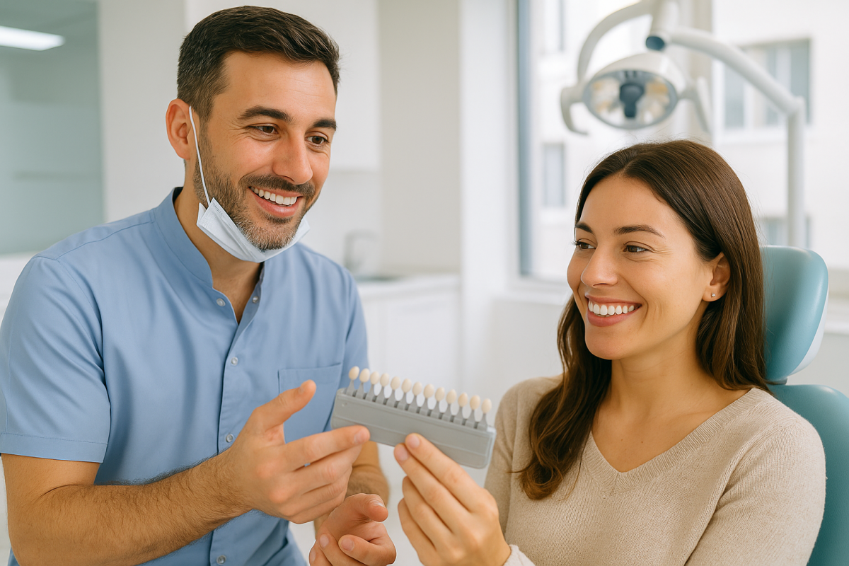 Paciente consultando con un dentista sobre carillas dentales en una clínica