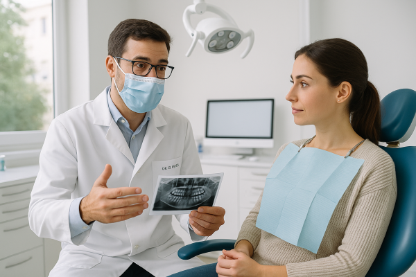 Dentista explicando una cirugía oral a un paciente en una clínica dental