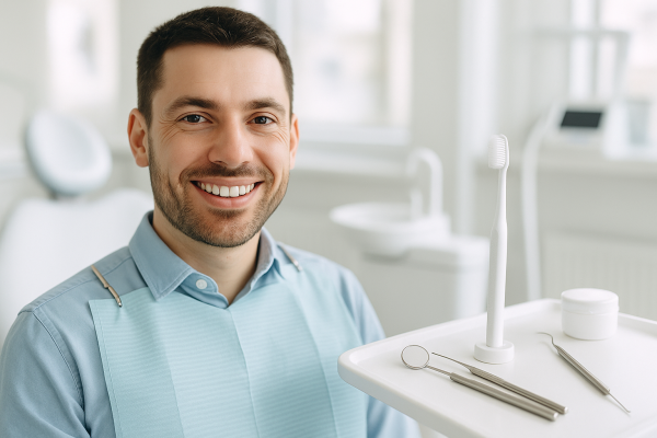 Paciente sonriendo con encías sanas en una clínica dental