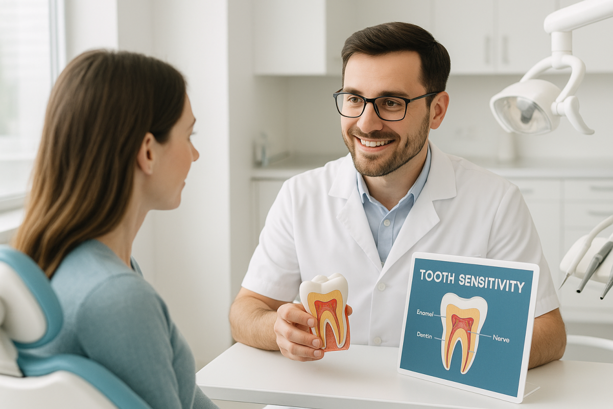 Dentista explicando la sensibilidad dental al frío a un paciente en una clínica dental en Burjassot
