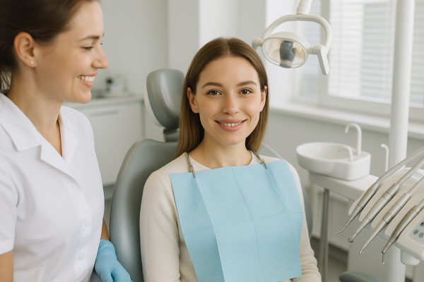 Paciente sonriendo en una clínica dental moderna con enfoque en estética dental facial