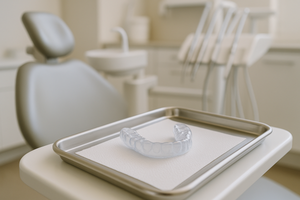Férula de descarga dental sobre una bandeja en una clínica dental