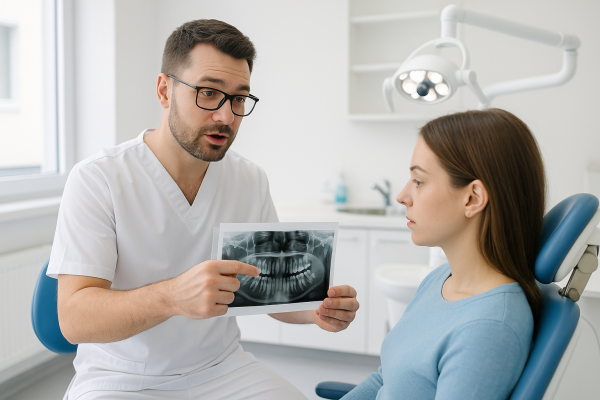 Dentista revisando una radiografía de muelas del juicio con un paciente en clínica dental