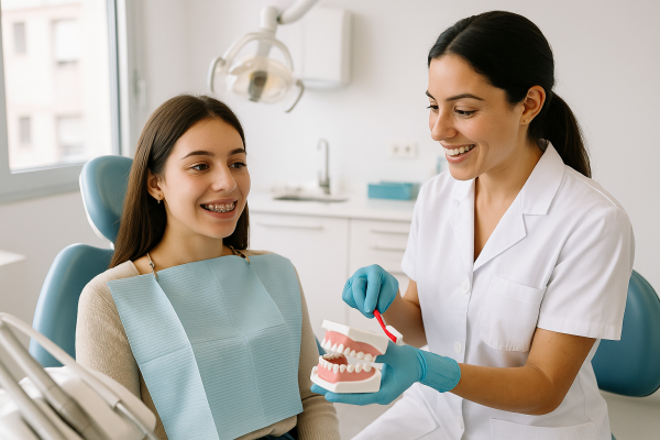 Paciente con ortodoncia recibiendo consejos de higiene bucodental en clínica dental