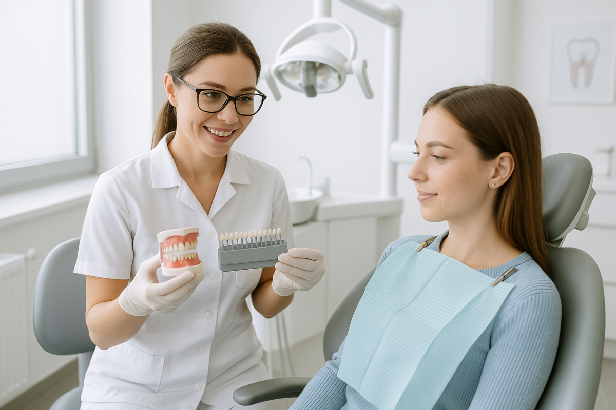 Dentista explicando un blanqueamiento dental en clínica a una paciente