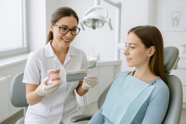 Dentista explicando un blanqueamiento dental en clínica a una paciente