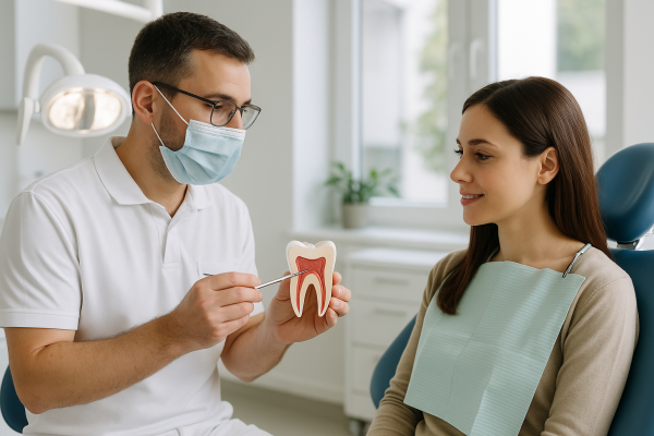 Dentista explicando a un paciente cuánto dura un empaste dental
