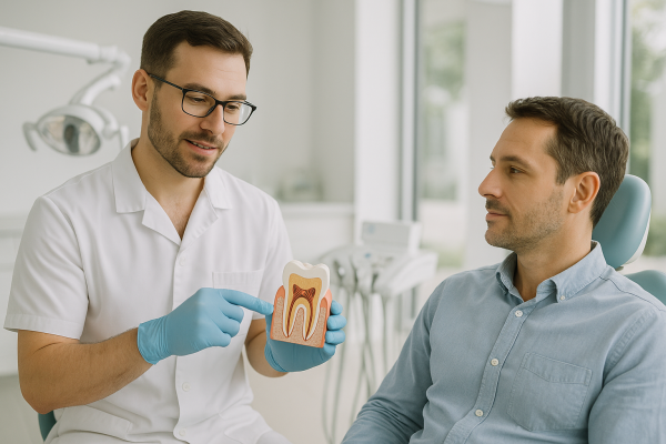 Dentista explicando una endodoncia a un paciente en una clínica dental